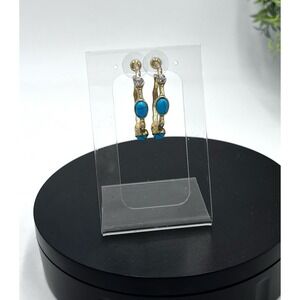 Graziano Gold Tone and Blue Cabochon Pierced Hoop Earrings